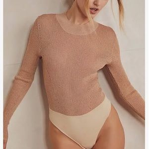 NWT  Free People tops nudetanbeige shimmery long sleeves bodysuit size M